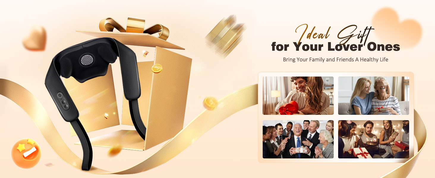Black neck massager device next to gold gift box, with text 'Ideal Gift for Your Loved Ones' and small lifestyle images showing people relaxing and socializing.