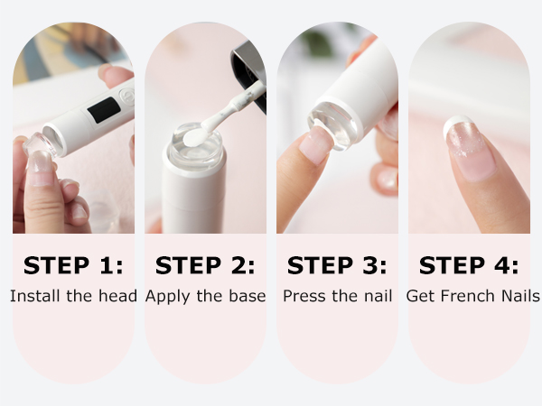 Step-by-step French tip nail art using mini UV lamp with silicone stamper for clean curved design
