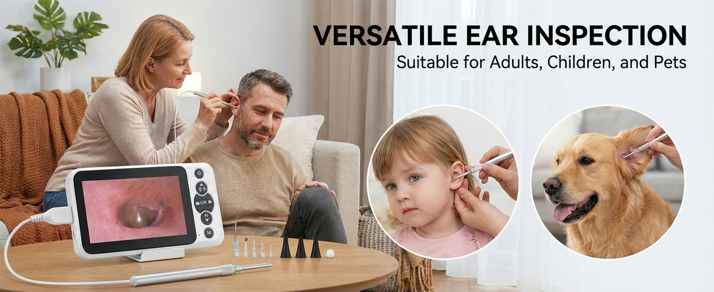 Digital otoscope with HD screen for home ear inspection, adults, children outer ear, and pets