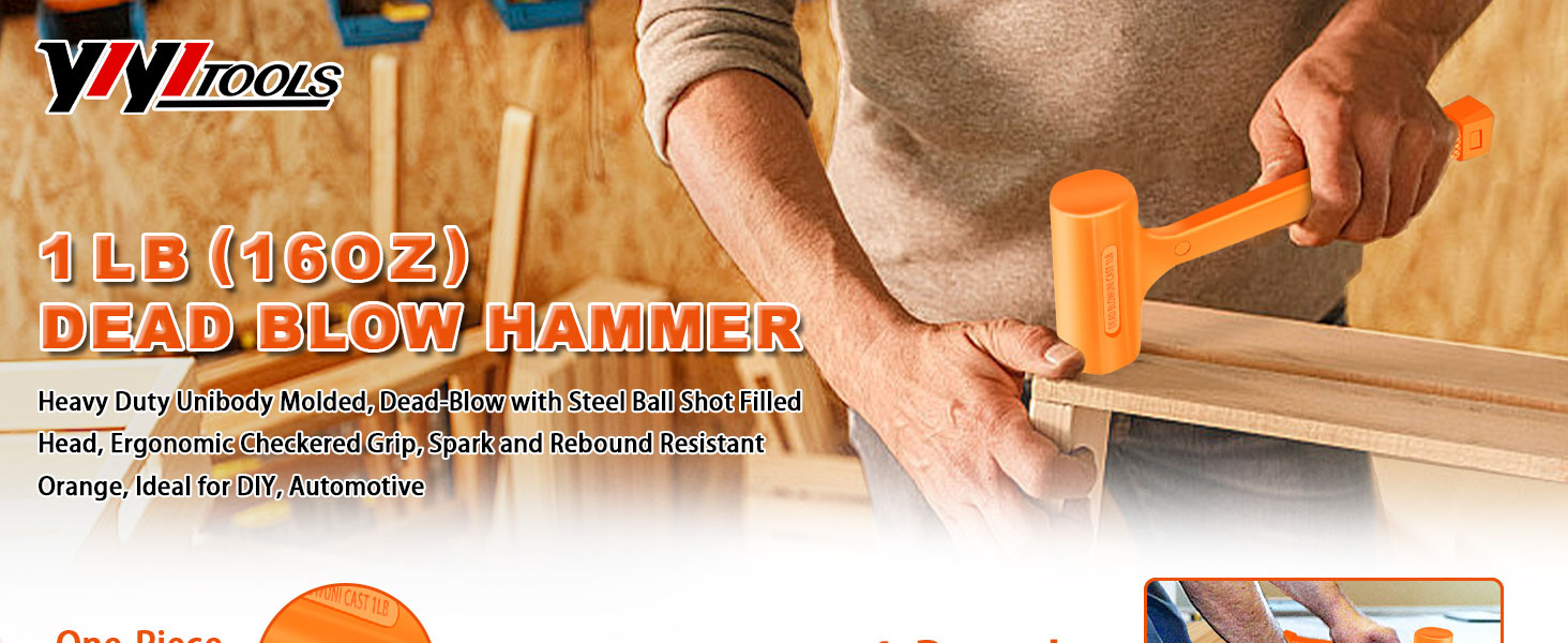 The 1lb dead blow hammer features a heavy-duty, one-piece forged steel with PVC plastic coating.