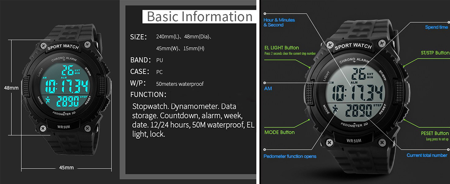 Unisex Pedometer Watches Military Multifunctional 