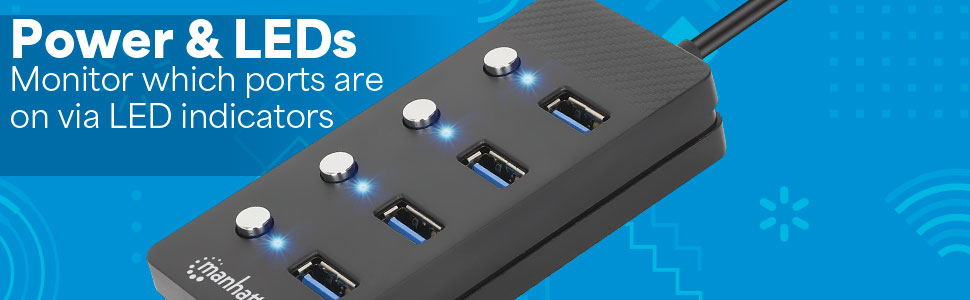 fast data transfer USB power hub LED indicators on/off switches bus powered hub