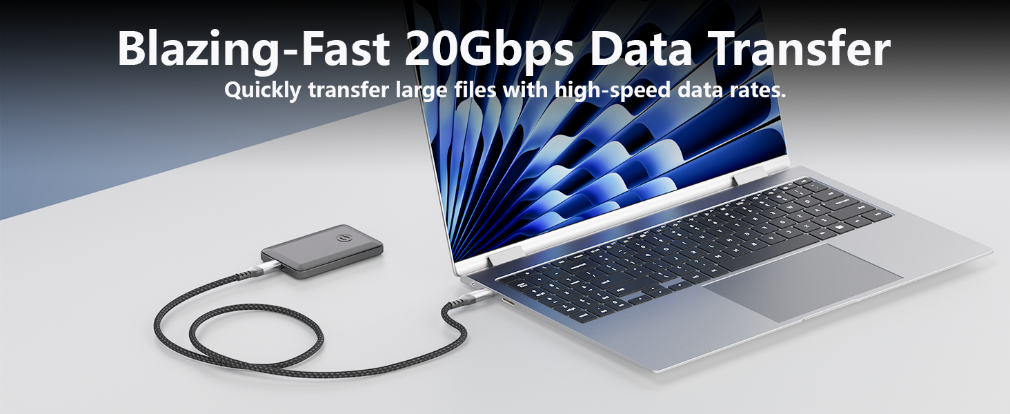 Text reads 'Blazing-Fast 20Gbps Data Transfer' and 'Quickly transfer large files with high-speed data rate.' Shows USB cable connecting to laptop.