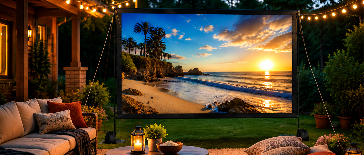 A cozy backyard at dusk with string lights hanging between trees, a blanket and popcorn bowl on a la