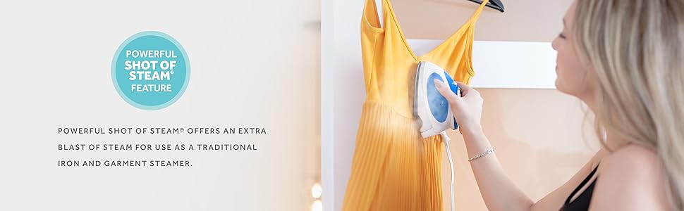 Powerful shot of steam offers extra blast of steam to use as a traditional iron or garment steamer