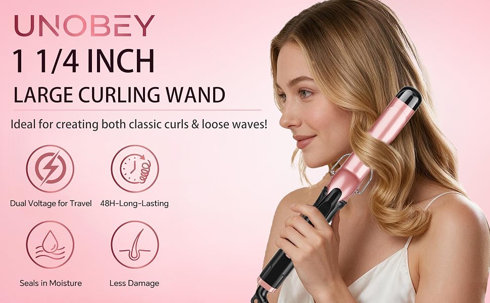 Text reads 'UNOBEY 1 1/4 INCH LARGE CURLING WAND' with feature icons below. Woman with blonde wavy hair holding rose-gold curling iron against pink background.