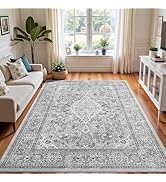 Flagover 4x6 Grey Washable Boho Area Rug for Bedroom, Vintage Floral Non Slip Living Room Rugs, S...