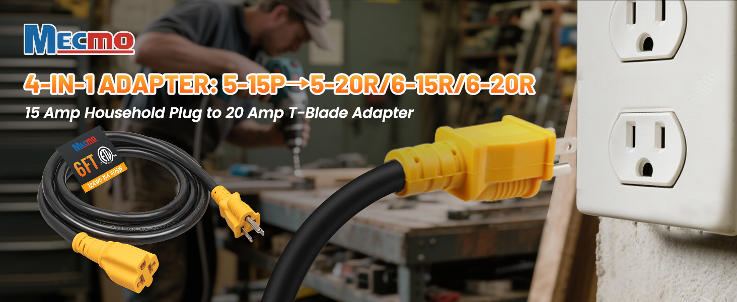 12AWG 15 Amp Household AC Plug to 20 Amp T Blade Adapter Cable, 5-15P to 5-15R 5-20R 6-15R 6-20R