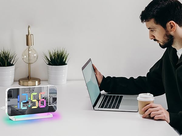 projection led mirror digital alarm clock with rgb night light