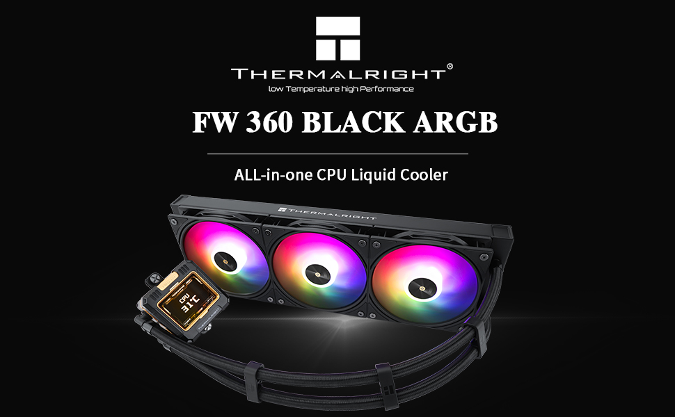 Thermalright FW 360 BLACK ARGB all-in-one CPU liquid cooler with three RGB fans, displayed against a black background.