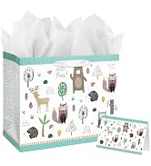 13" Large Baby Gift Bag with Card and Tissue Paper for Baby Shower,Kids Birthday (Woodland Animal)