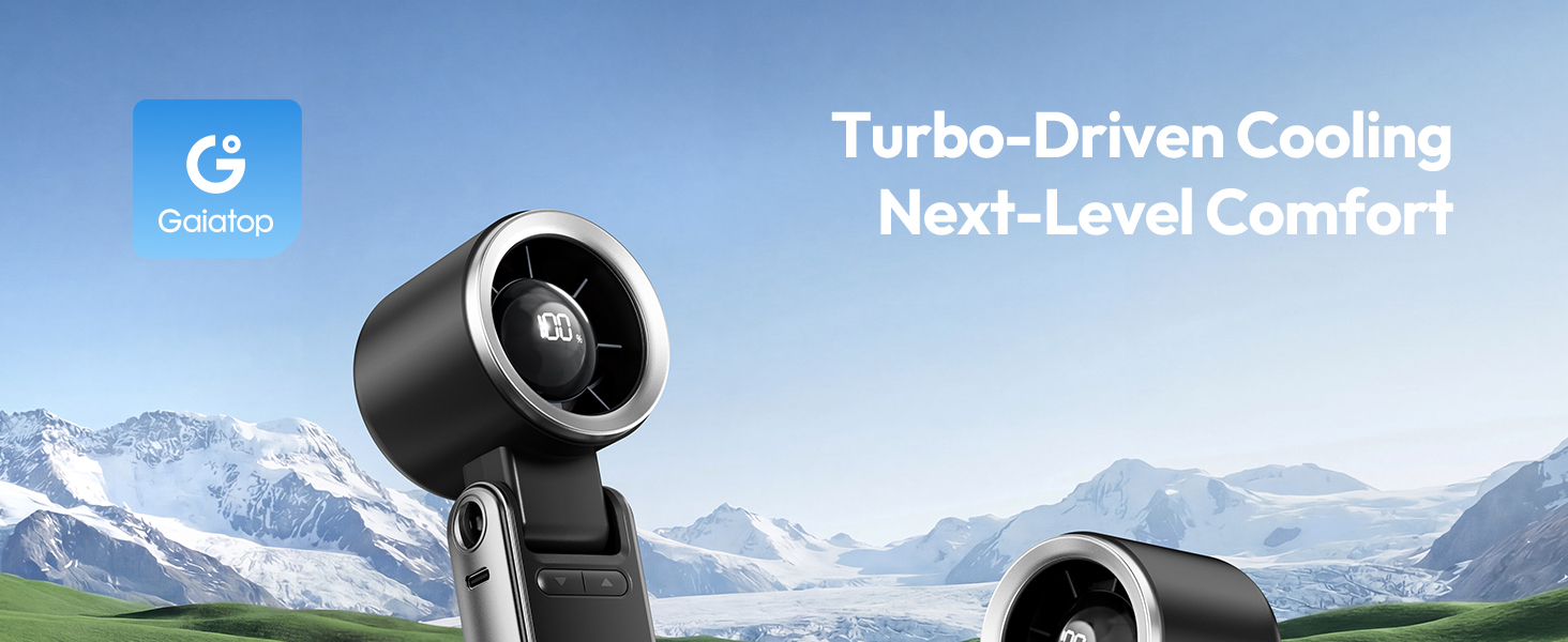 Text reads 'Turbo-Driven Cooling Next-Level Comfort'. Marketing banner showing cooling fans against snowy mountain backdrop with Govee logo.