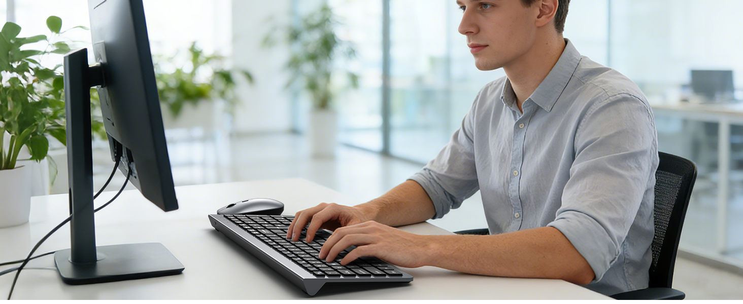 Wireless Keyboard and Mouse Combo, Ultra-Slim Full Size Silent Ergonomic Keyboard Mouse