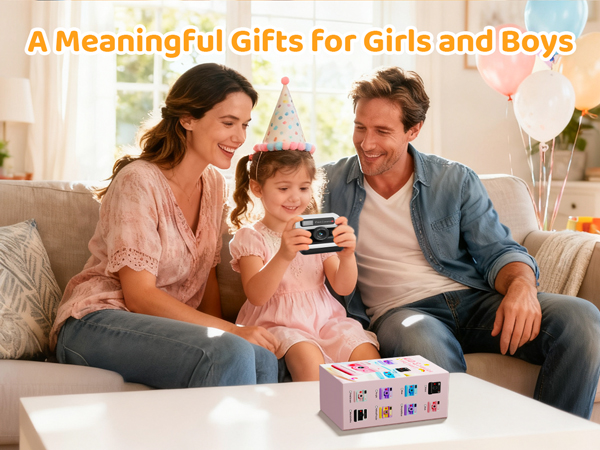 Text reads 'A Meaningful Gifts for Girls and Boys'. Collection of scenes showing children and adults interacting with educational or creative toys in home settings.