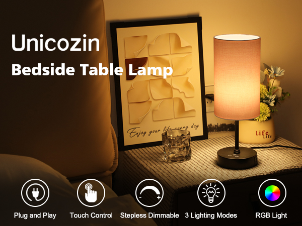 Unicozin Table Lamp for Bedroom, 3 CCT, 7 RGB Colors, Adjustable Brightness, Dual USB Charging Ports