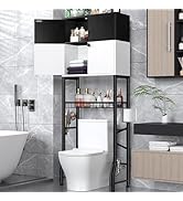 Over the Toilet Storage Cabinet - Freestanding Bathroom Organizer Shelf with Doors, Black &amp; White...