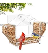 Window Bird Feeder with Strong Suction Cup and Self-Adhesive, Clear Birdfeeder for Window Larger ...