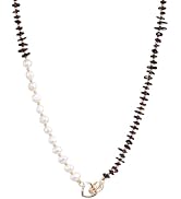 Natural Freshwater Pearl &amp; Red Garnet Necklace - 18K Gold Plated Interlocking Heart Clasp - Asymm...