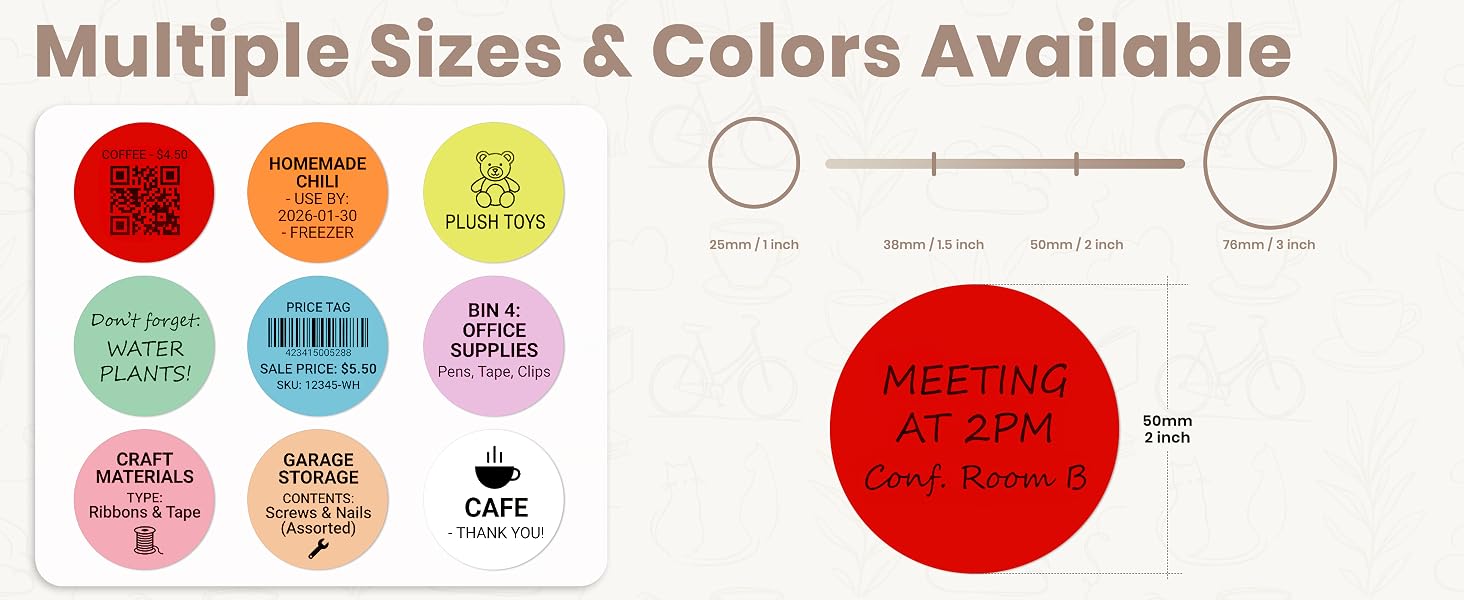 Text reads 'Multiple Sizes &amp; Colors Available'. Collection of colorful circular stickers or labels arranged in rows, showing various color options and sizing indicators.