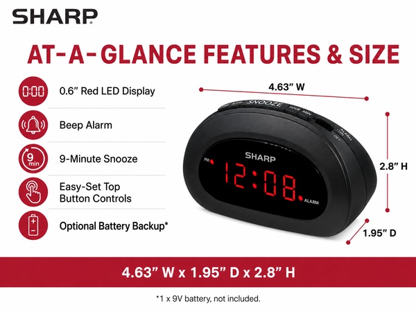 Digital alarm clock with large display, snooze and adjustable brightness for bedroom nightstand