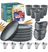 Wheat Straw Dinnerware Sets,42-Piece Plates and Bowls Sets for 6-Unbreakable,Reusable Plastic Dis...