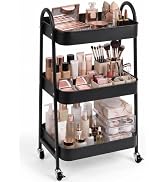 Booklov 3 Tier Black Utility Rolling Cart | Metal Storage Cart with Handle and Lockable Wheels
