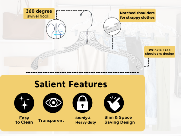 Clear plstic hangers with 360 degree swivel hook transparent easy to clean 