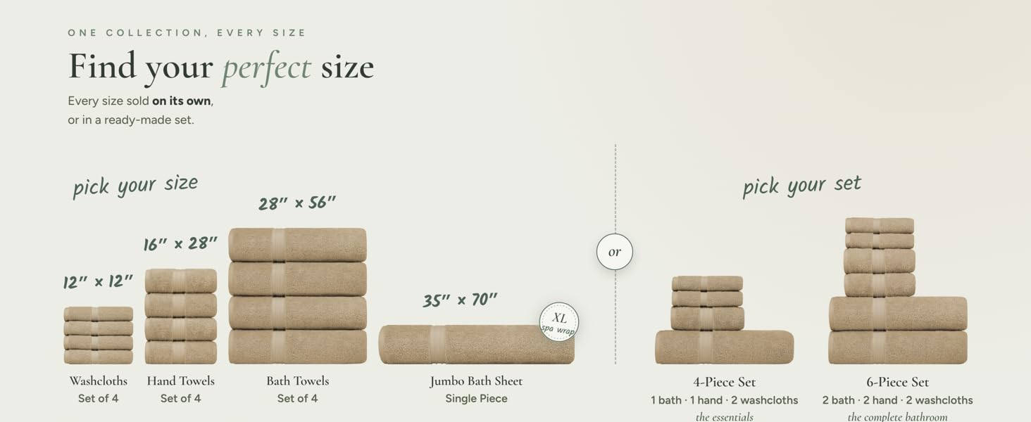Towel sizes: washcloth, hand towel, bath towel, jumbo bath sheet, 4 and 6 piece towel sets