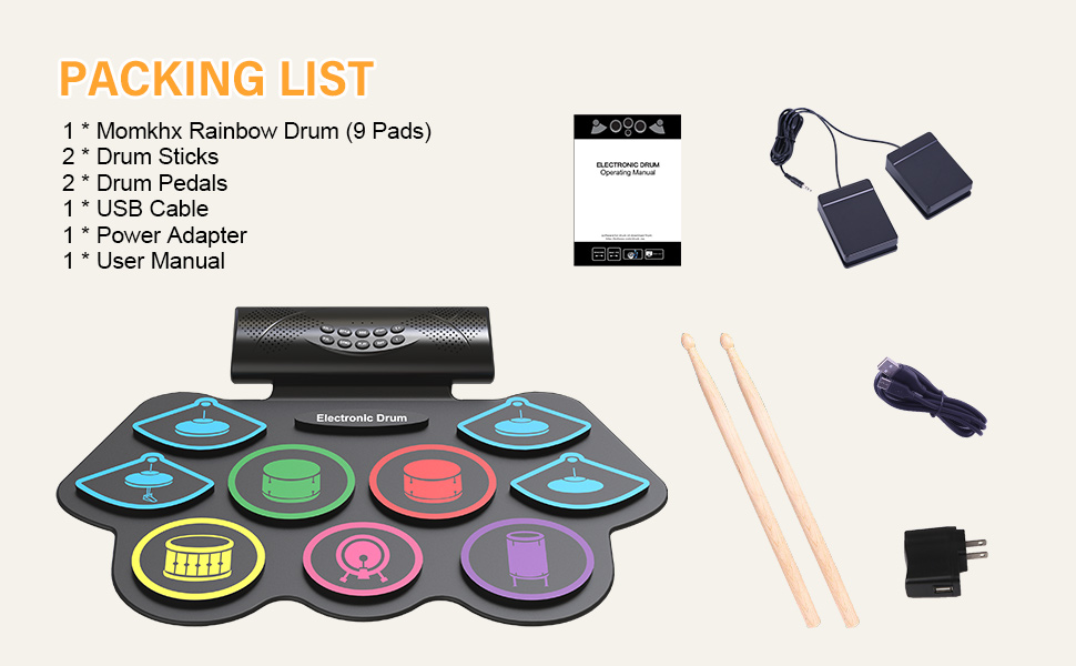 9 Pad Electronic Drum Set, Roll Up Portable Drum Pad Kit with MIDI Bluetooth