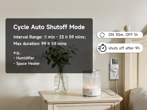 humidifier is connected to timer outlet (displays cycle of ON 30m, OFF 1h, auto-shutoff after 9h)