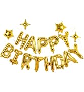 Gold Happy Birthday Banner Balloon Aluminum Foil 16 Inch Letter,10 Inch Five Pointed Star Four Po...