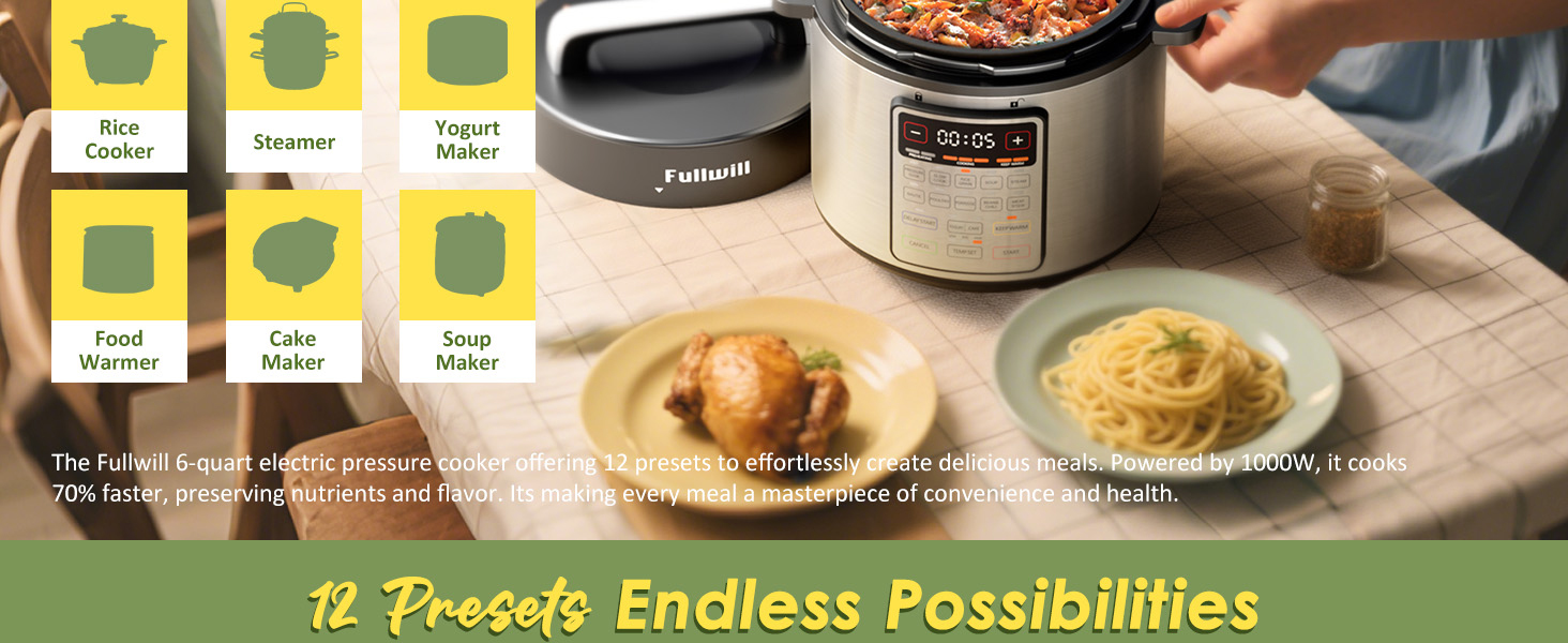 Simplify cooking, 9 Appliances in 1, Pressure Cook, Slow Simmer, Steam Rice, Braise Meats &amp; More.
