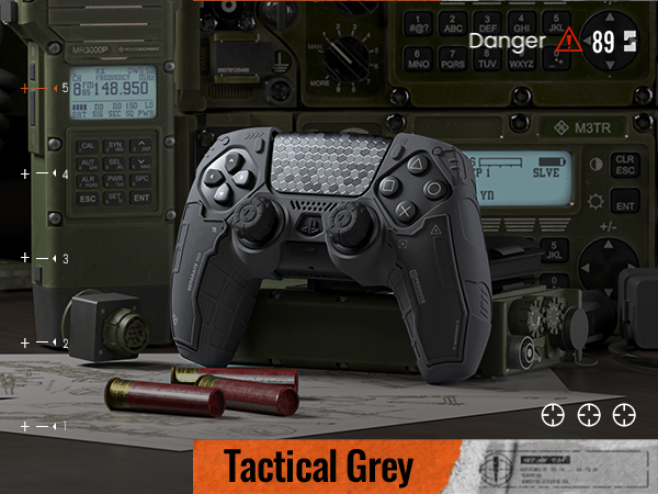 Text reads 'Danger 7' and 'Tactical Grey'. Dark-themed gaming or simulation interface with digital displays, control elements, and targeting systems.