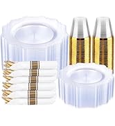 COLOSUS 350pcs Clear Plastic Plates Disposable Gold Cutlery Dinnerware set for party: 50 Dinner P...