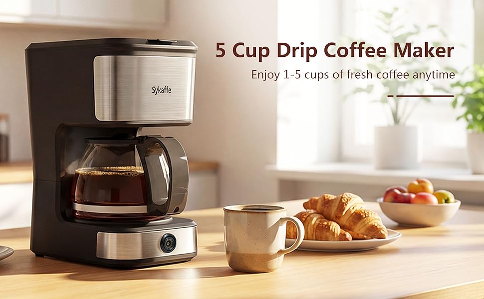 5-cup coffee maker, drip coffee maker, compact coffee maker, stainless steel design