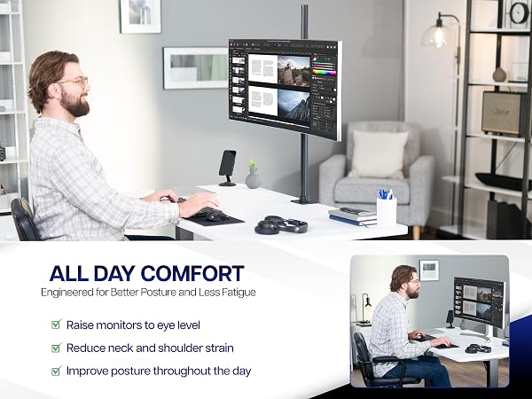 tall monitor mount adjustable desk stand clamp grommet tilt swivel rotate ergonomic setup