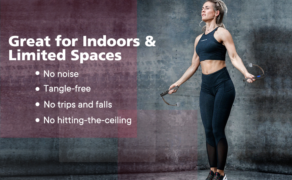 woman skip rope indoors with cordless jump rope