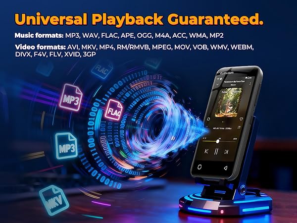 Globluum MP3 player on a stand with animated icons showing support for many music and video formats.