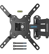 Black articulating TV wall mount by Bontec with mounting bracket, level indicator, and three cable ties. Features full-motion adjustable arm for flexible positioning.