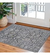 KOZYFLY 2x3 Rug Washable Floral Rug Soft Small Area Rug Non-Slip Non-Shedding Faux Wool Grey Vint...