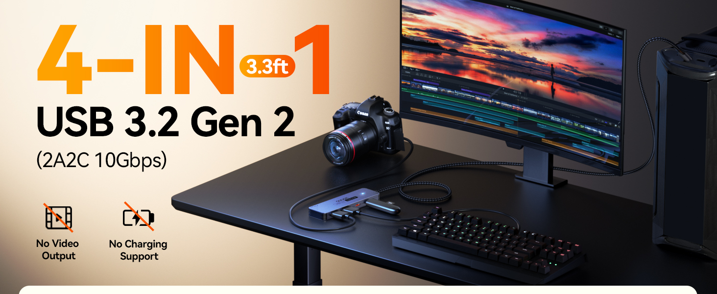 Text reads '4-IN-1' and 'USB 3.2 Gen 2'. Product appears to be a black electronic device or adapter shown against gradient background.