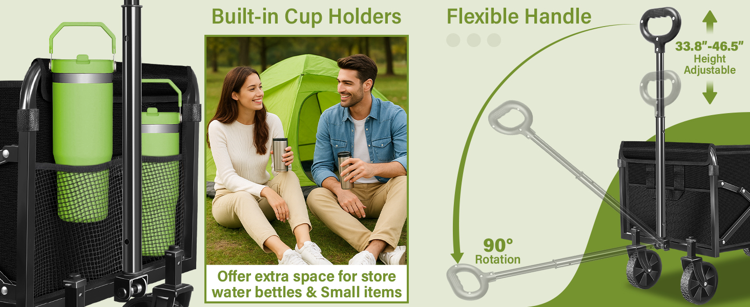 built-in cup holders and a flexible handle with adjustable height and 90° rotation.