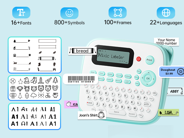 D210S label maker with different fonts, symbols, and frames