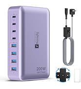 8-Port USB C Fast Charger Block 200W with Flat Plug, Braided Power Cord, and On/Off Switch- USB C...