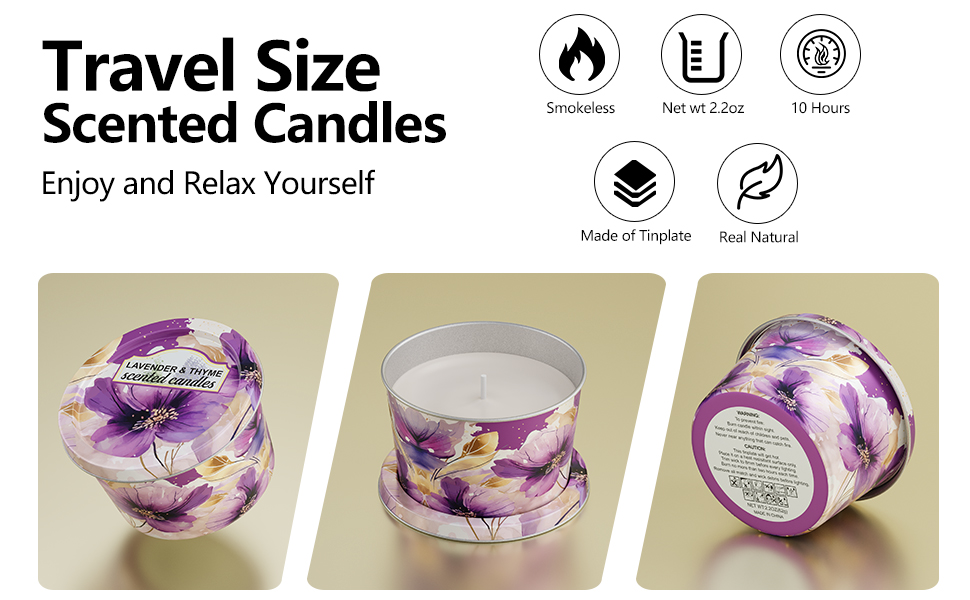 Text: 'Travel Size Scented Candles - Enjoy and Relief Yourself.' Product images show purple swirled design candles in glass containers with icons for flame, temperature, and protection.