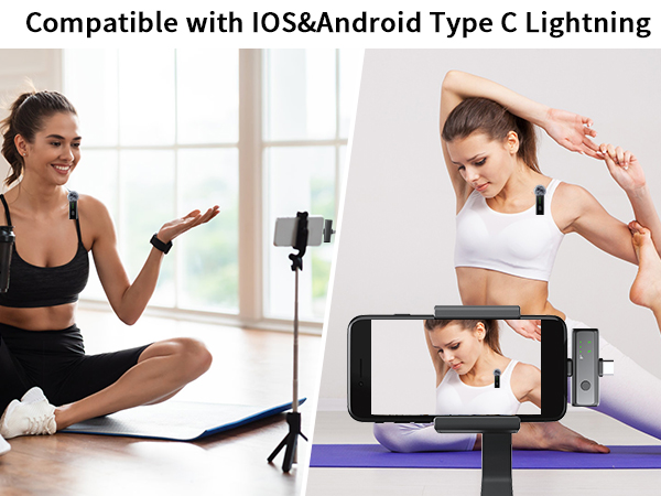 Text reads 'Compatible with iOS&Android Type C Lightning'. Shows workout scenes with smartphone mount being used for fitness video recording.