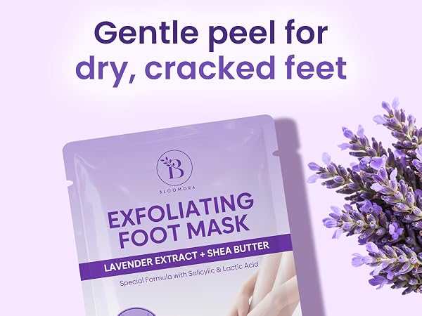 Text reads 'Gentle peel for dry, cracked feet' and 'EXFOLIATING FOOT MASK LAVENDER EXTRACT + SHEA BUTTER'. Purple foot mask packet displayed with lavender flowers and hands showing product application.