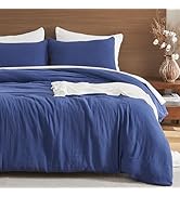 EMME Muslin Cotton Duvet Cover Set Navy Queen Size Linen Like Soft Breathable Lightweight Summer ...