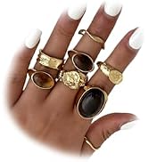 Lcineic Vintage Brown Crystal Stone Chunky Gold Ring Stacking for Women Dainty, Retro Silver Resi...