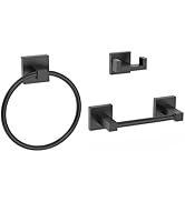Ruacq 3pcs Bathroom Hardware Set Matte Black-Toilet Paper Holder-Towel Ring-Towel Hook Square Base
